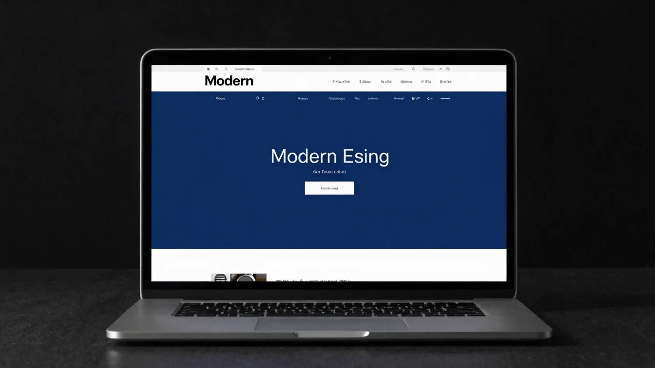Modern website design displayed on a laptop screen in a clean studio workspace, deep black background, soft blue screen