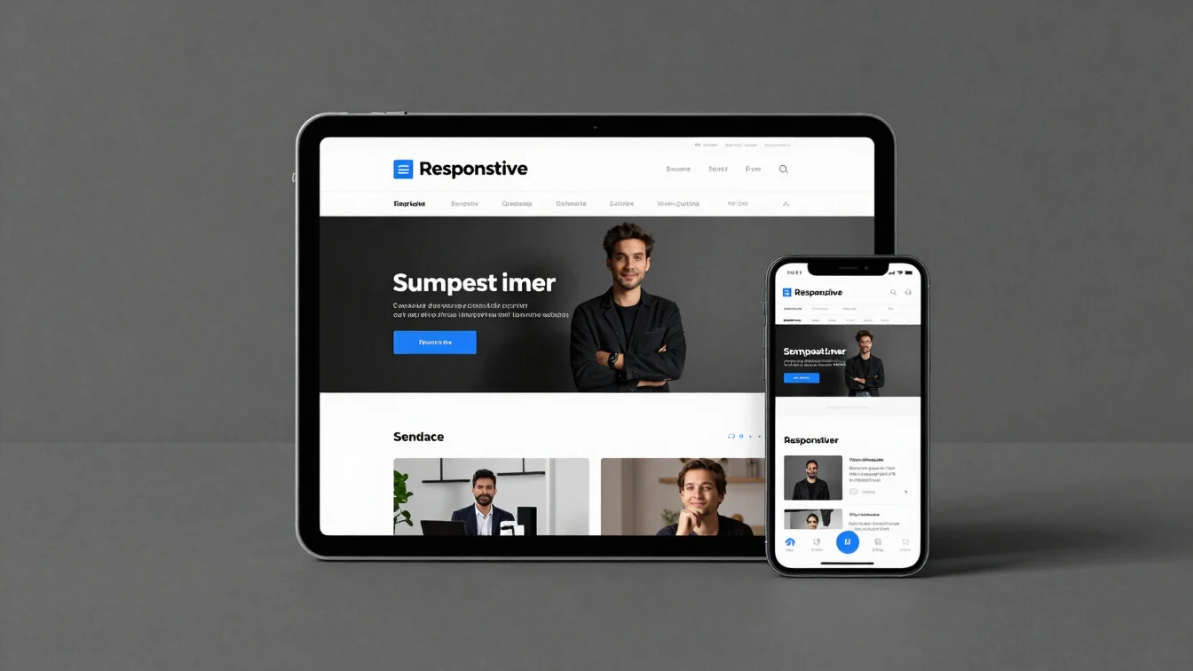 Responsive small business website shown across a tablet and smartphone, graphite surfaces, soft studio light, minimal co