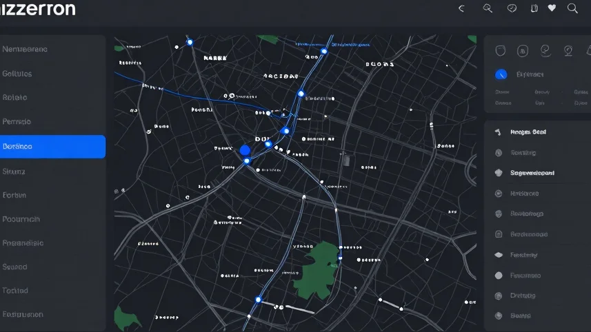 Abstract digital map and search interface details on a dark graphite screen, electric blue accents, minimal composition