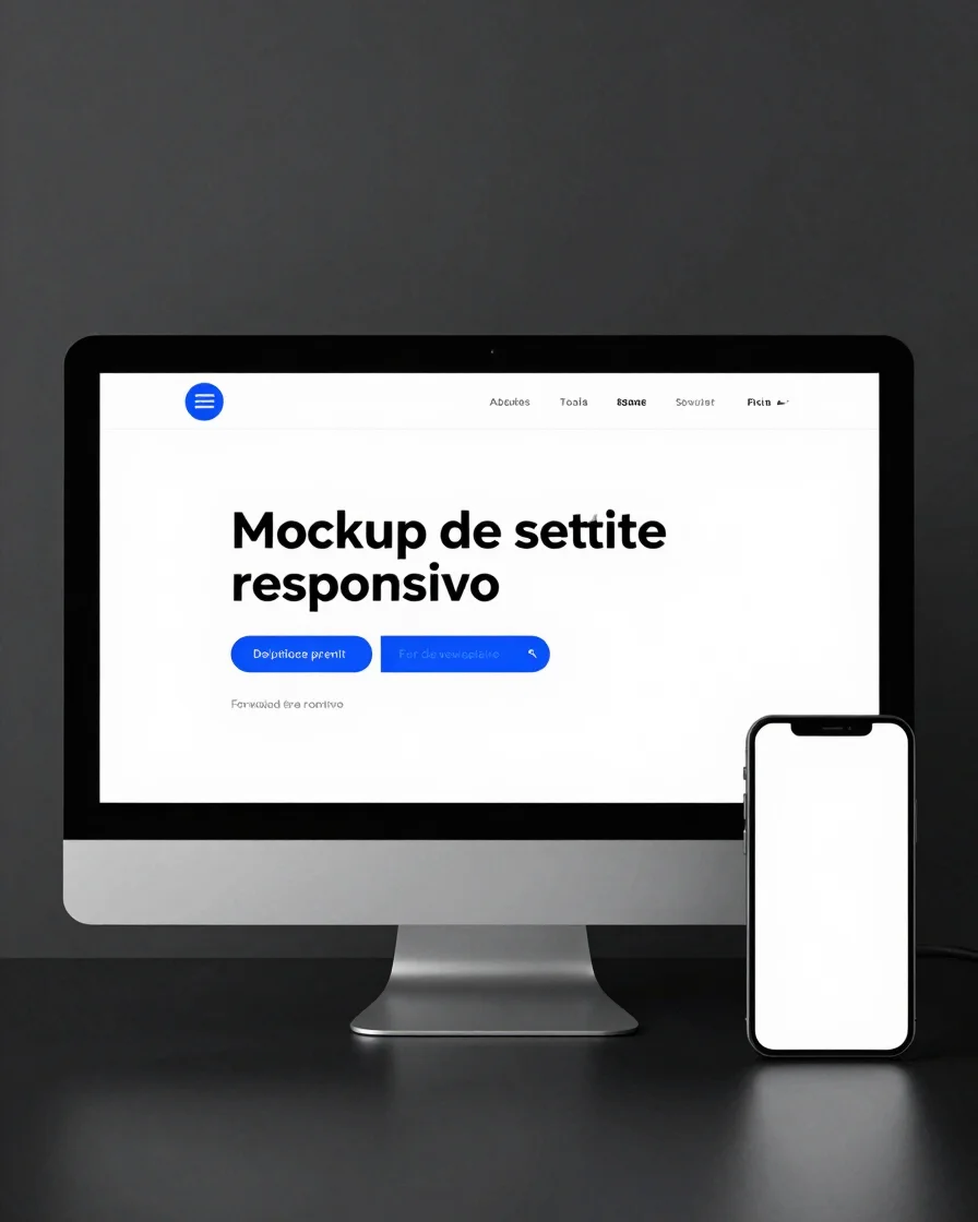 Mockup de site responsivo exibido em monitor desktop e celular lado a lado sobre superfície preta e grafite, com interfa