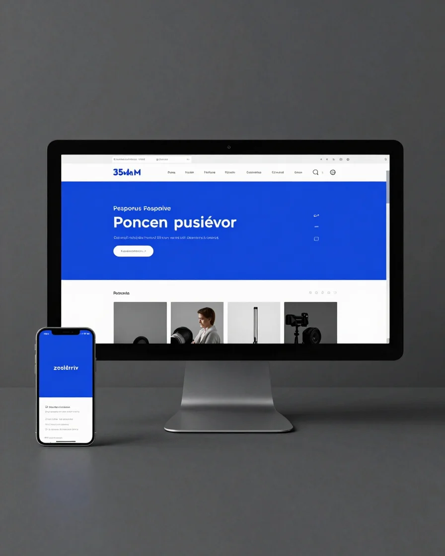 Mockup editorial de site responsivo exibido em monitor de desktop e celular sobre superfície escura grafite, luz de estú