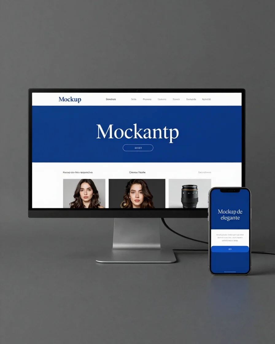 Mockup elegante de site responsivo exibido em monitor desktop e celular lado a lado, fundo grafite escuro, luz de estúdi