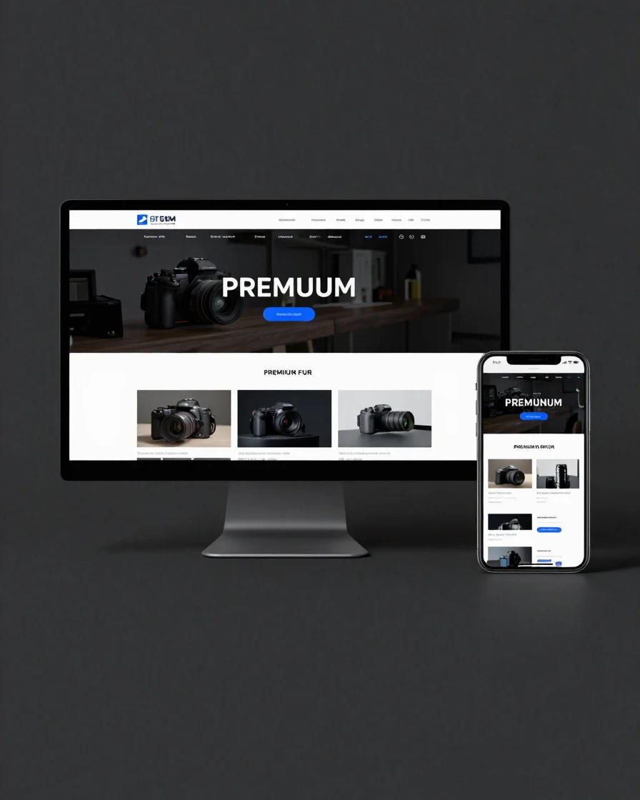 Premium desktop and mobile website mockups on a deep black graphi